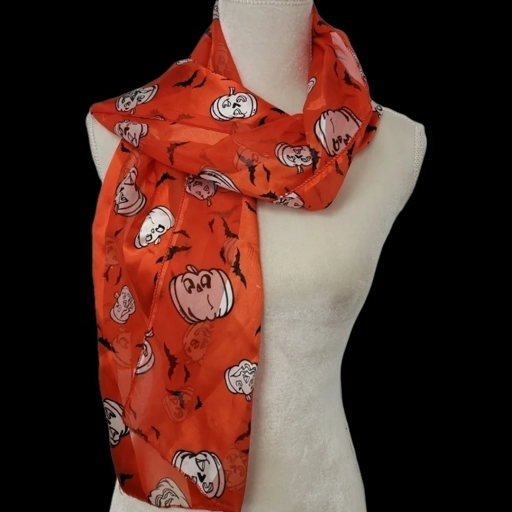 HALLOWEEN Scarf Jack O'Lanterns Bats Orange White Black EUC 60